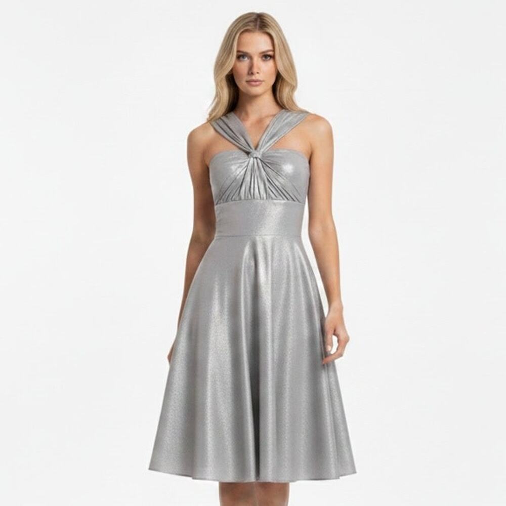 WHITE HOUSE BLACK MARKET Silver Metallic Convertible Multiway Dress Size 4 NWOT